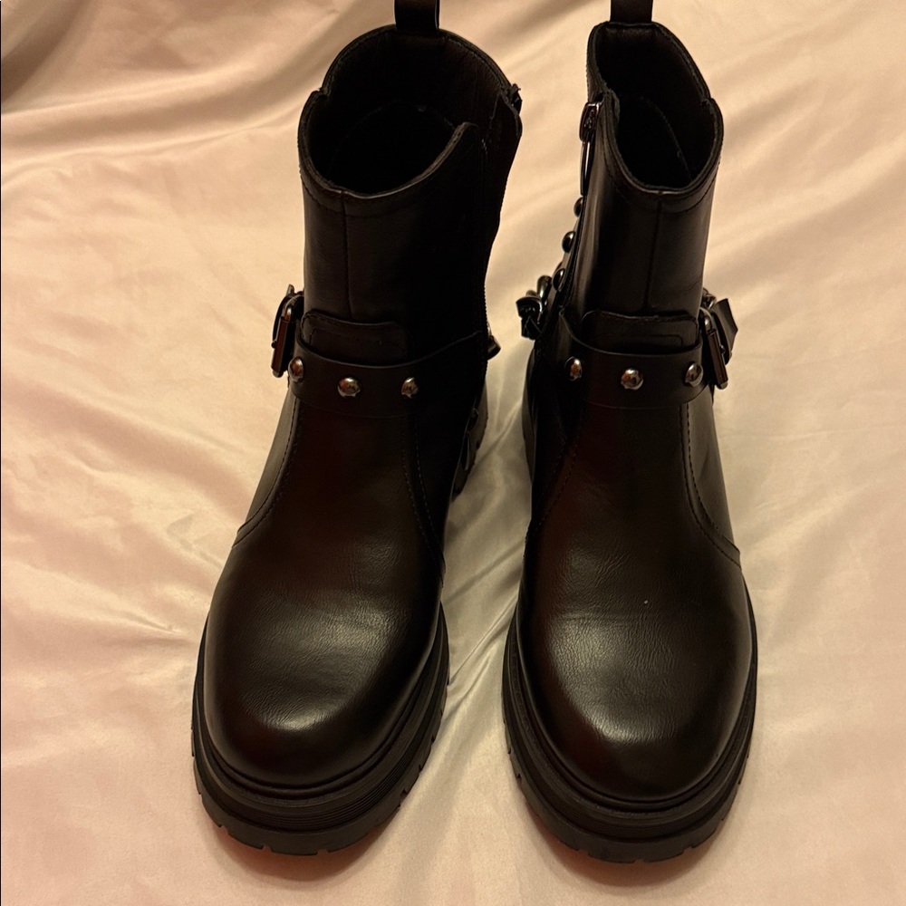 Black Leather Ankle Boots with Buckle Detail